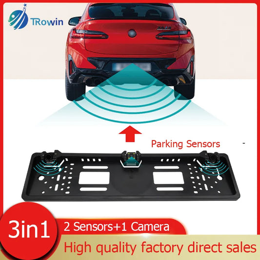 Car Camera 3in1  Parking Sensor European License Plate Frame Backup 4 LED Waterproof  Rear View Reversing Radar System