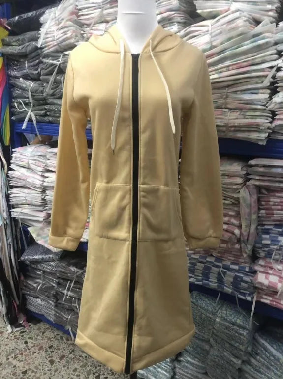 Autumn Winter Women's Hooded Long Sleeve Mid-Length Sweatshirt Fleece Jacket Comfortable Casual Style Polyester Fabric