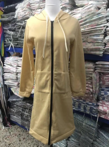 Autumn Winter Women's Hooded Long Sleeve Mid-Length Sweatshirt Fleece Jacket Comfortable Casual Style Polyester Fabric