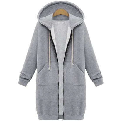 Autumn Winter Women's Hooded Long Sleeve Mid-Length Sweatshirt Fleece Jacket Comfortable Casual Style Polyester Fabric