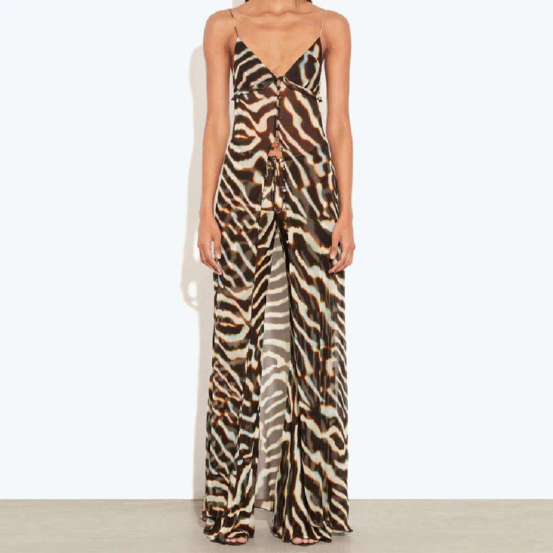 Casual Zebra Print Spaghetti Strap Maxi Top Versatile Long Leg Jeans Women Sheer Button Down Split Hem Daily Date Street Wear