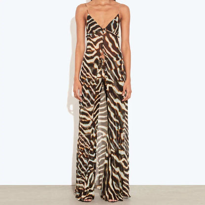 Casual Zebra Print Spaghetti Strap Maxi Top Versatile Long Leg Jeans Women Sheer Button Down Split Hem Daily Date Street Wear