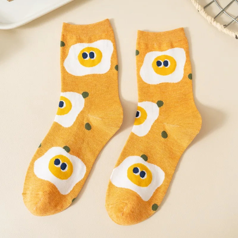 1/5 Pairs Burger Fries Fried Egg Donut Cute Cartoon Anime Breathable Fashion Mid-Calf Socks Unisex