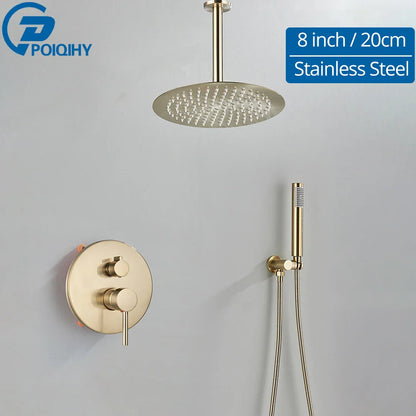 Brushed Gold Shower Faucet Embedded In 2 Ways Shower Mixers Wall Mounted Rainfall Bathroom Shower Tap Stainless Steel Head