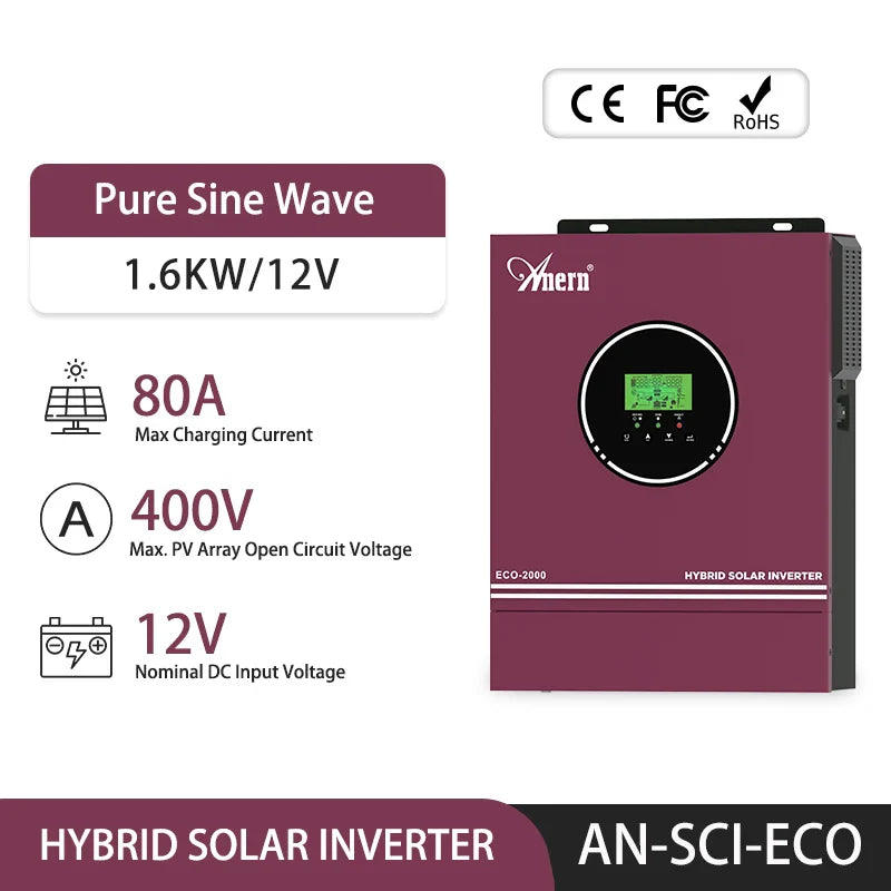 Anern 3000W 1600W 1500W 1000W Hybrid Inverter 24V 12V Buil in 80A MPPT Off Grid Solar Inverters MAX PV 400Vdc 150Vdc