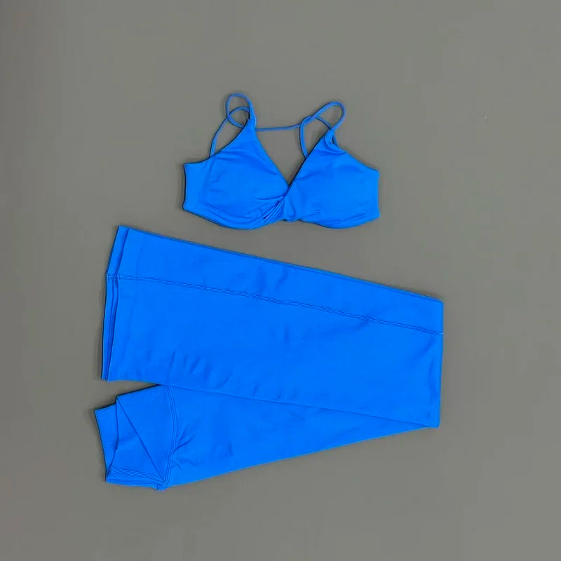 2Pcs Yoga Set Seamless Women Twist Front Sports Bra and Vision Flares Leggings Sets Scrunch Butt Cross Waist Gym Flare Pants Set
