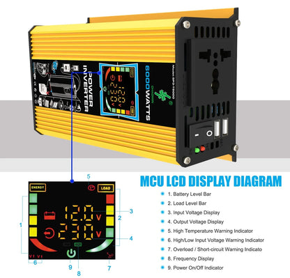 6000W Inverter DC 12V To AC 110V / 220V Vehicle Solar Power Inverter with Dual USB Digital Display for RVs and Small Appliances