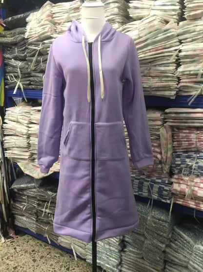 Autumn Winter Women's Hooded Long Sleeve Mid-Length Sweatshirt Fleece Jacket Comfortable Casual Style Polyester Fabric