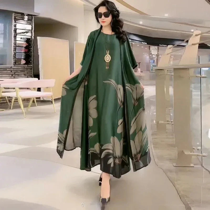 Authentic Silk Dress for Mother, Silkworm Loose Dress, High-End Print, 2-Piece Dress, Women's Dresses, Spring, Summer, New, 2023