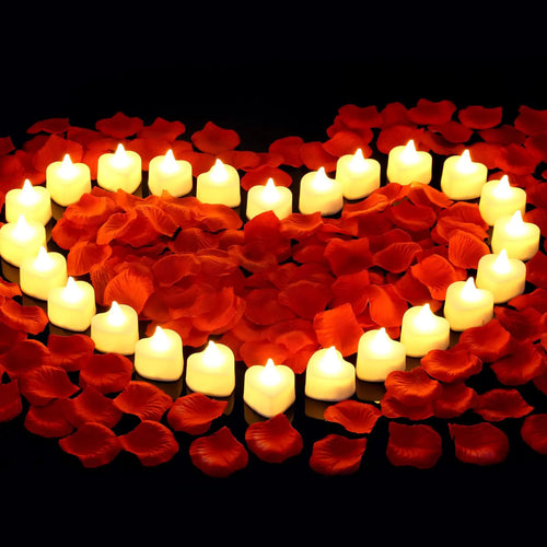 24/48 Pack Heart Shaped LED Tea Lights Candles with Artificial Rose Petals Romantic Night Decorations  for Wedding Anniversary