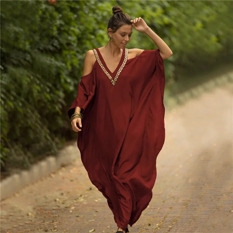 2026 New Black Gold Beaded Cold Shoulder Kaftan Maxi Dress V Neck Batwing Loose Side Slit Beach Cover Up Caftan Women Long Dress