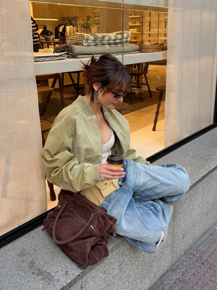 Chic Khaki Lapel Collar Zip Closure Jackets Pocket Detail Long Sleeve Cropped Bomber Streetwear Lady Casual Daily Y2k Outfit