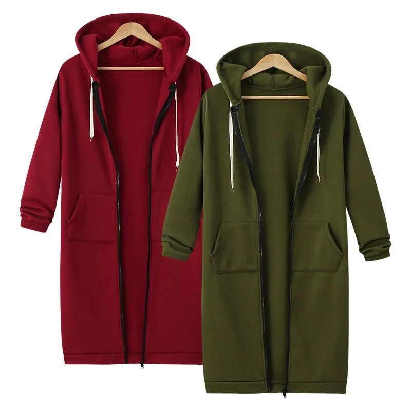 Autumn Winter Women's Hooded Long Sleeve Mid-Length Sweatshirt Fleece Jacket Comfortable Casual Style Polyester Fabric