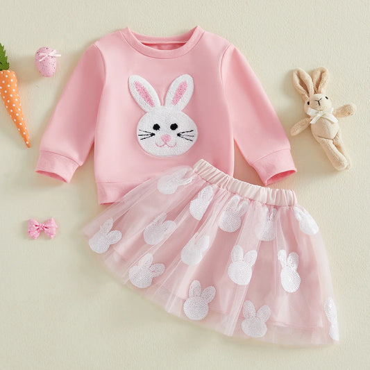 Citgeett Spring Easter Kids Toddler Girls Outfits Long Sleeve Bunny Embroidery Sweatshirt Tulle Skirt Set Clothes