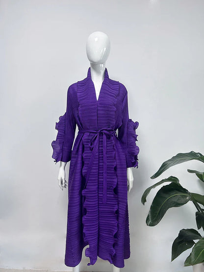 2024 Miyake Ruffled Early Spring and Autumn New Long Sleeve Ruffled High Elastic Dress V-neck Long Sleeve Women's Dress