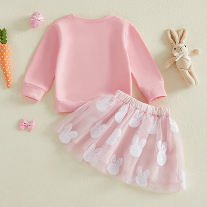 Citgeett Spring Easter Kids Toddler Girls Outfits Long Sleeve Bunny Embroidery Sweatshirt Tulle Skirt Set Clothes