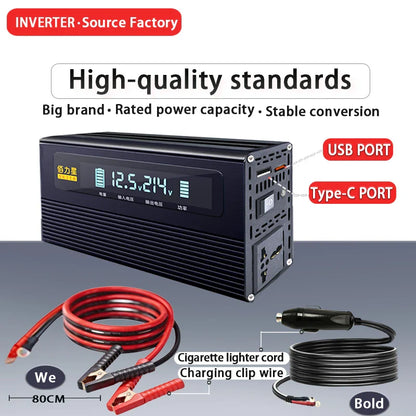 12V 24V To 220V 1000W Power Inverter LCD Display EU Socket Solar Inverter USB Type-c Fast Charging for Phone Laptops Car