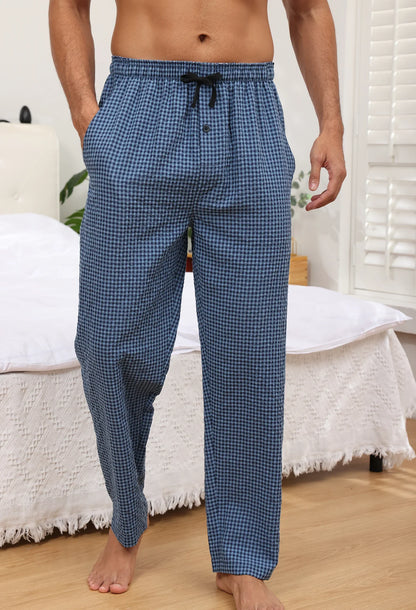3Pcs Men's 100% Cotton Plaid Pajama Sleeping Pants, Long Plaid Print Sleepwear Pajama Pants with Elastic Waist Homewear