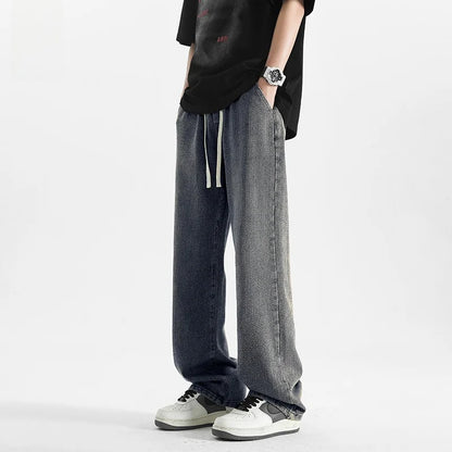 American Retro Dstring Jeans Loose Straight Casual Pants High Street Vibe Wide Leg Summer New Sle for Men Youth Faion