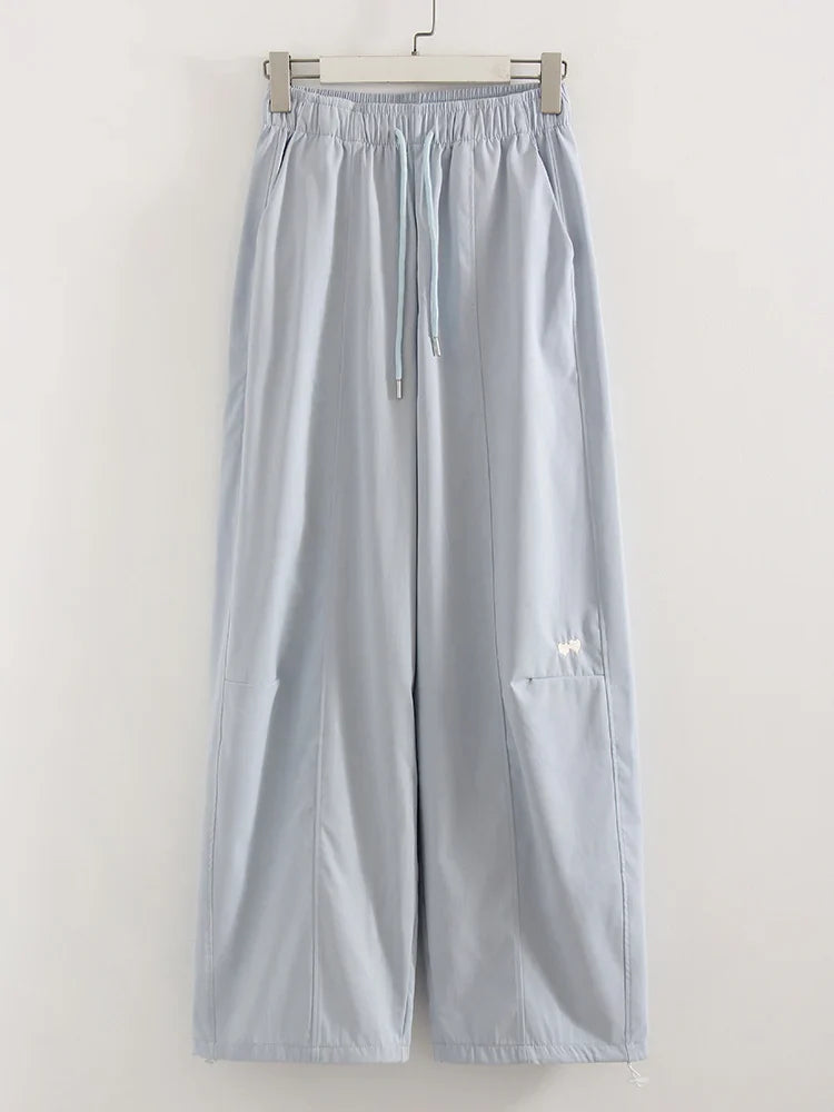 Blue Straight Pants For Women Elastic Wiast Jogger Quick-dry Sweatpants Baggy Embroidery Trousers Ladies Wide Leg Sport Pants