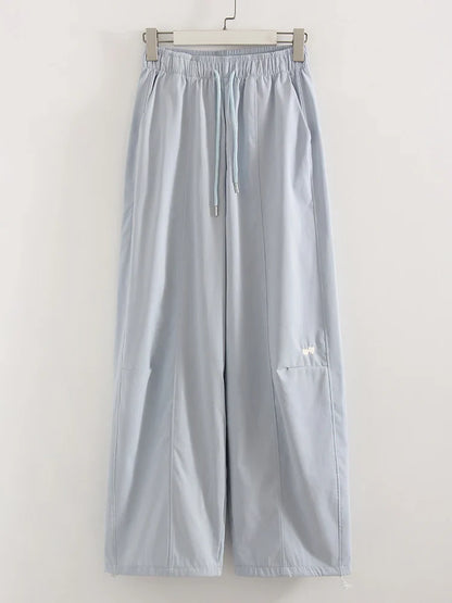 Blue Straight Pants For Women Elastic Wiast Jogger Quick-dry Sweatpants Baggy Embroidery Trousers Ladies Wide Leg Sport Pants