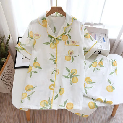 2026 Japanese new spring and summer short-sleeved trousers pajamas 2-piece set 100% cotton gauze flower cartoon home service set