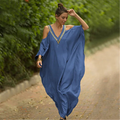 2026 New Black Gold Beaded Cold Shoulder Kaftan Maxi Dress V Neck Batwing Loose Side Slit Beach Cover Up Caftan Women Long Dress