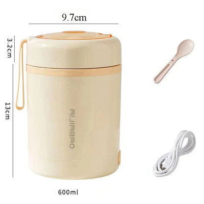 600ML Portable USB Electric Heating Lunch Box Stainless Steel Food Warmer with Drink Function for Picnics Food Heater
