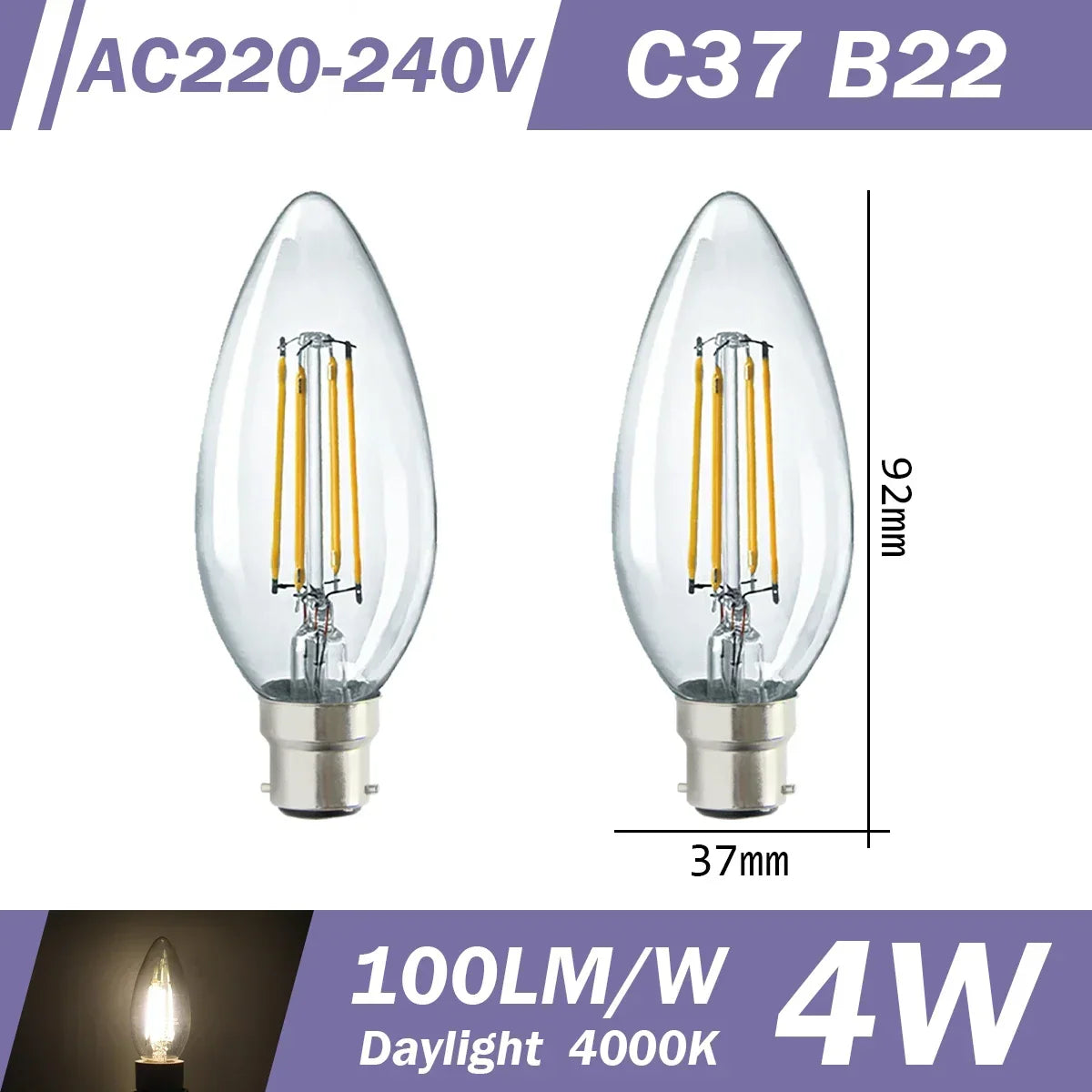 2PCS LED Filament Bulb E14 E27 C35 C35T ST64 G80 A60 220V 4W 9W Warm White Glass 360 Degree Edison Retro Candle Light Blubs