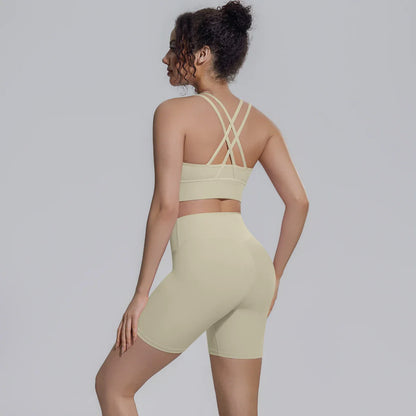 2PCS/set Yoga Set Summer Breathable Running Cycling Backless Sports Bra High Waist Peach Buttocks Fitness Shorts Gym Yoga Set