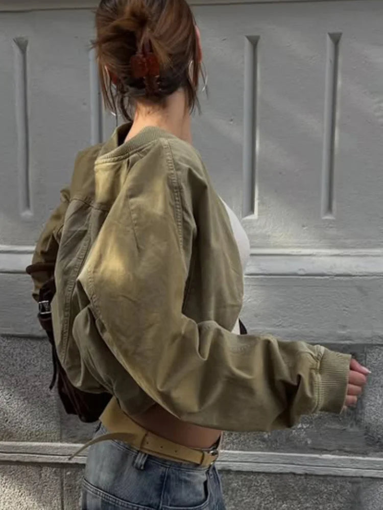 Chic Khaki Lapel Collar Zip Closure Jackets Pocket Detail Long Sleeve Cropped Bomber Streetwear Lady Casual Daily Y2k Outfit