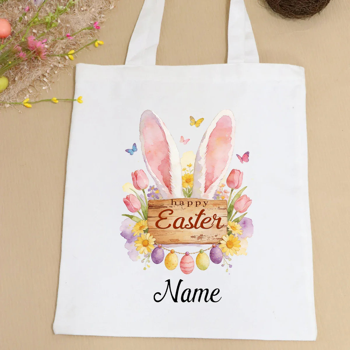 Custom Easter Tote Bag With Bunny And Floral Design, Personalized Name Shoulder Handbag For Spring Celebrations,