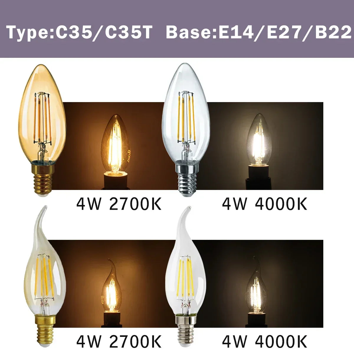 2PCS LED Filament Bulb E14 E27 C35 C35T ST64 G80 A60 220V 4W 9W Warm White Glass 360 Degree Edison Retro Candle Light Blubs