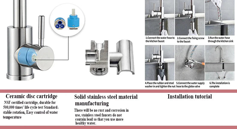 304 Stainless Steel Kitchen Faucet  Hot and Cold Water Mixer  360 degree rotation Basin installation Comes with 60cm hose