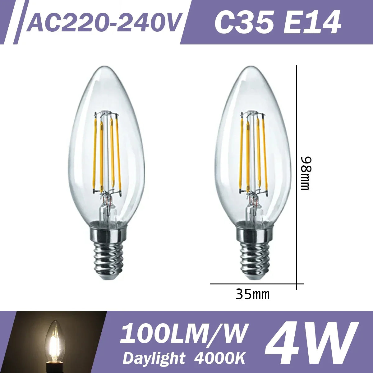 2PCS LED Filament Bulb E14 E27 C35 C35T ST64 G80 A60 220V 4W 9W Warm White Glass 360 Degree Edison Retro Candle Light Blubs