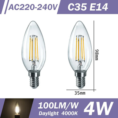 2PCS LED Filament Bulb E14 E27 C35 C35T ST64 G80 A60 220V 4W 9W Warm White Glass 360 Degree Edison Retro Candle Light Blubs