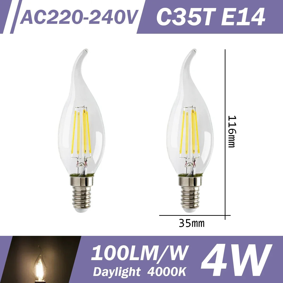 2PCS LED Filament Bulb E14 E27 C35 C35T ST64 G80 A60 220V 4W 9W Warm White Glass 360 Degree Edison Retro Candle Light Blubs