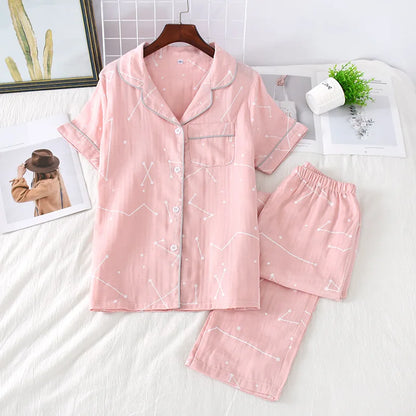 2026 Japanese new spring and summer short-sleeved trousers pajamas 2-piece set 100% cotton gauze flower cartoon home service set