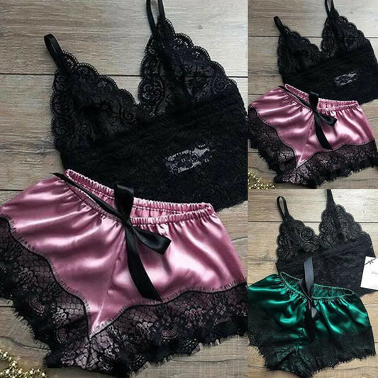 1 Set Fashion Womens Lace Sleepwear Lingerie Tops Shorts Set Babydoll Pajamas Sports Underwear Nightwear 4 Colors