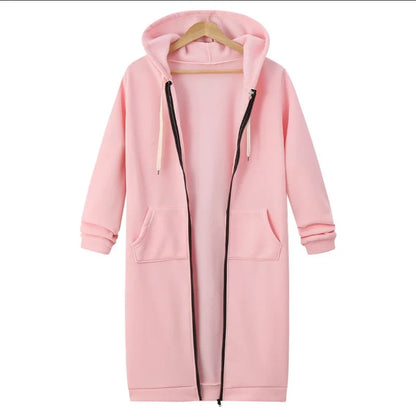 Autumn Winter Women's Hooded Long Sleeve Mid-Length Sweatshirt Fleece Jacket Comfortable Casual Style Polyester Fabric