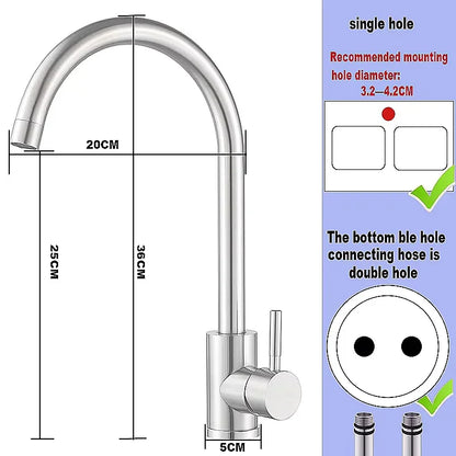 304 Stainless Steel Kitchen Faucet  Hot and Cold Water Mixer  360 degree rotation Basin installation Comes with 60cm hose