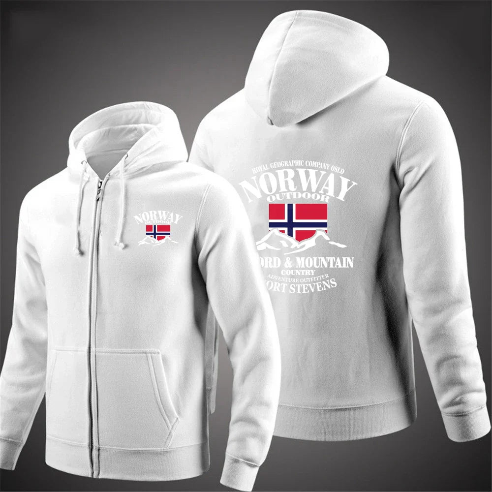 2025 New Spring And Autumn Norway Flag Fjord Mountain Men's Solid Color Zipper Pullover Warm Long-sleeved Comfortable Caot