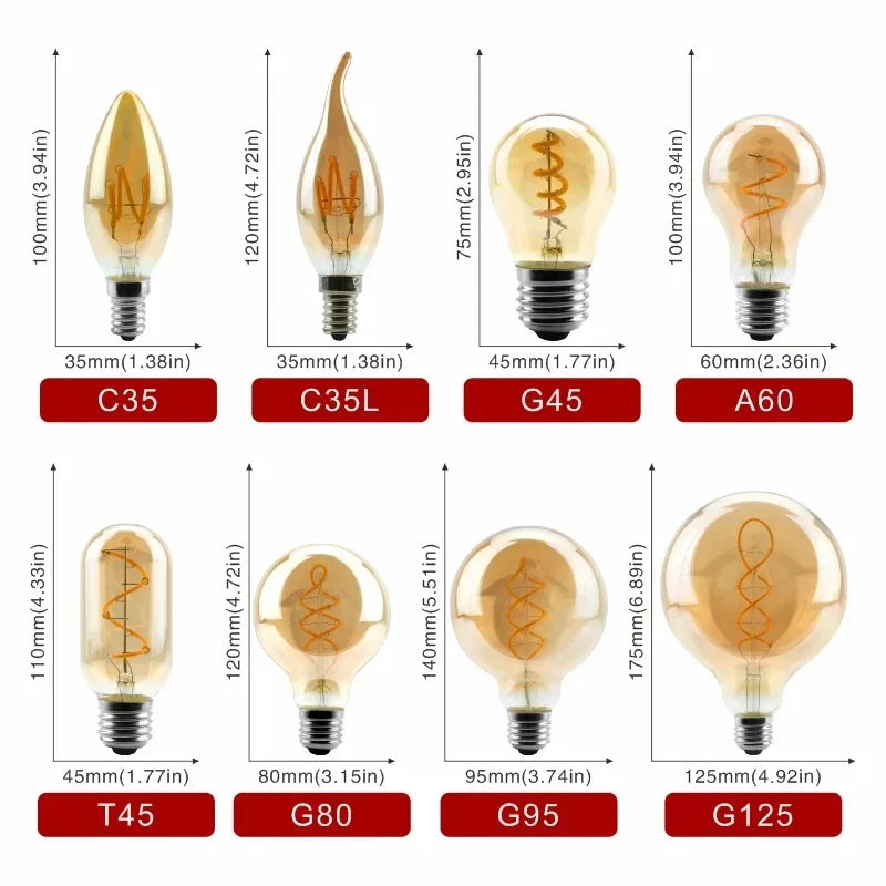 E14 E27 Retro LED Spiral Filament Light Bulb 4W Warm Yellow 220V C35 A60 T45 ST64 T185 T225 G80 G95 G125 Vintage Edison Lamp