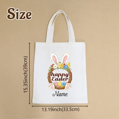 Custom Easter Tote Bag With Bunny And Floral Design, Personalized Name Shoulder Handbag For Spring Celebrations,