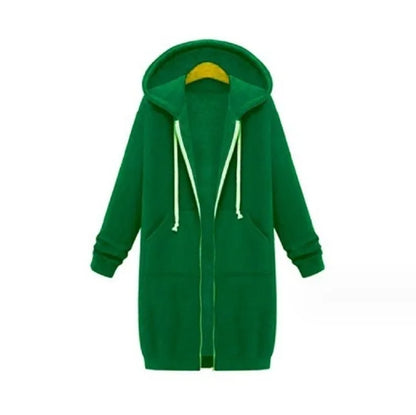 Autumn Winter Women's Hooded Long Sleeve Mid-Length Sweatshirt Fleece Jacket Comfortable Casual Style Polyester Fabric