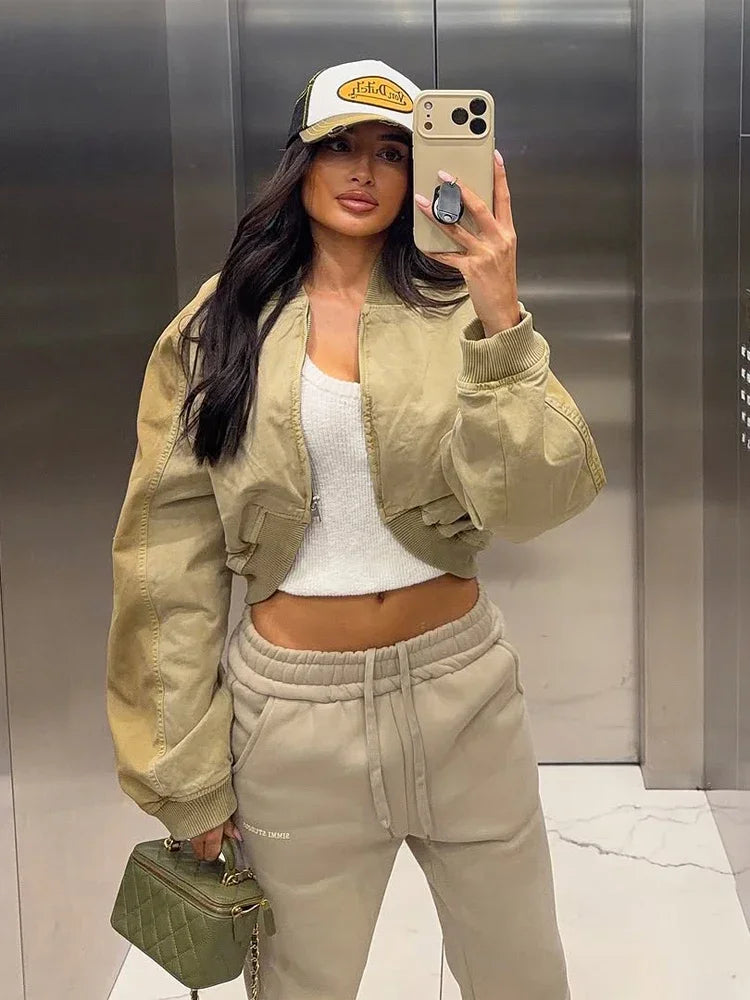 Chic Khaki Lapel Collar Zip Closure Jackets Pocket Detail Long Sleeve Cropped Bomber Streetwear Lady Casual Daily Y2k Outfit