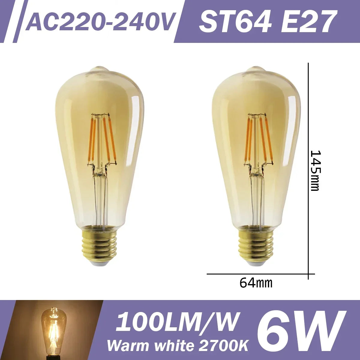 2PCS LED Filament Bulb E14 E27 C35 C35T ST64 G80 A60 220V 4W 9W Warm White Glass 360 Degree Edison Retro Candle Light Blubs