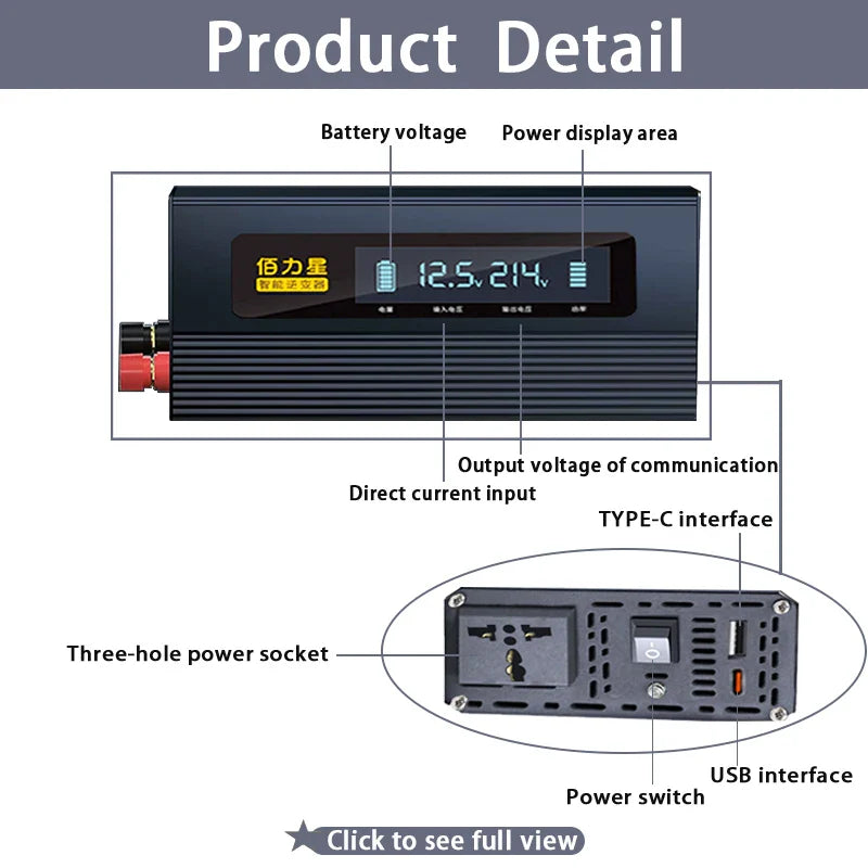 12V 24V To 220V 1000W Power Inverter LCD Display EU Socket Solar Inverter USB Type-c Fast Charging for Phone Laptops Car