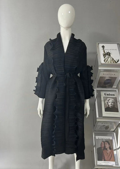 2024 Miyake Ruffled Early Spring and Autumn New Long Sleeve Ruffled High Elastic Dress V-neck Long Sleeve Women's Dress
