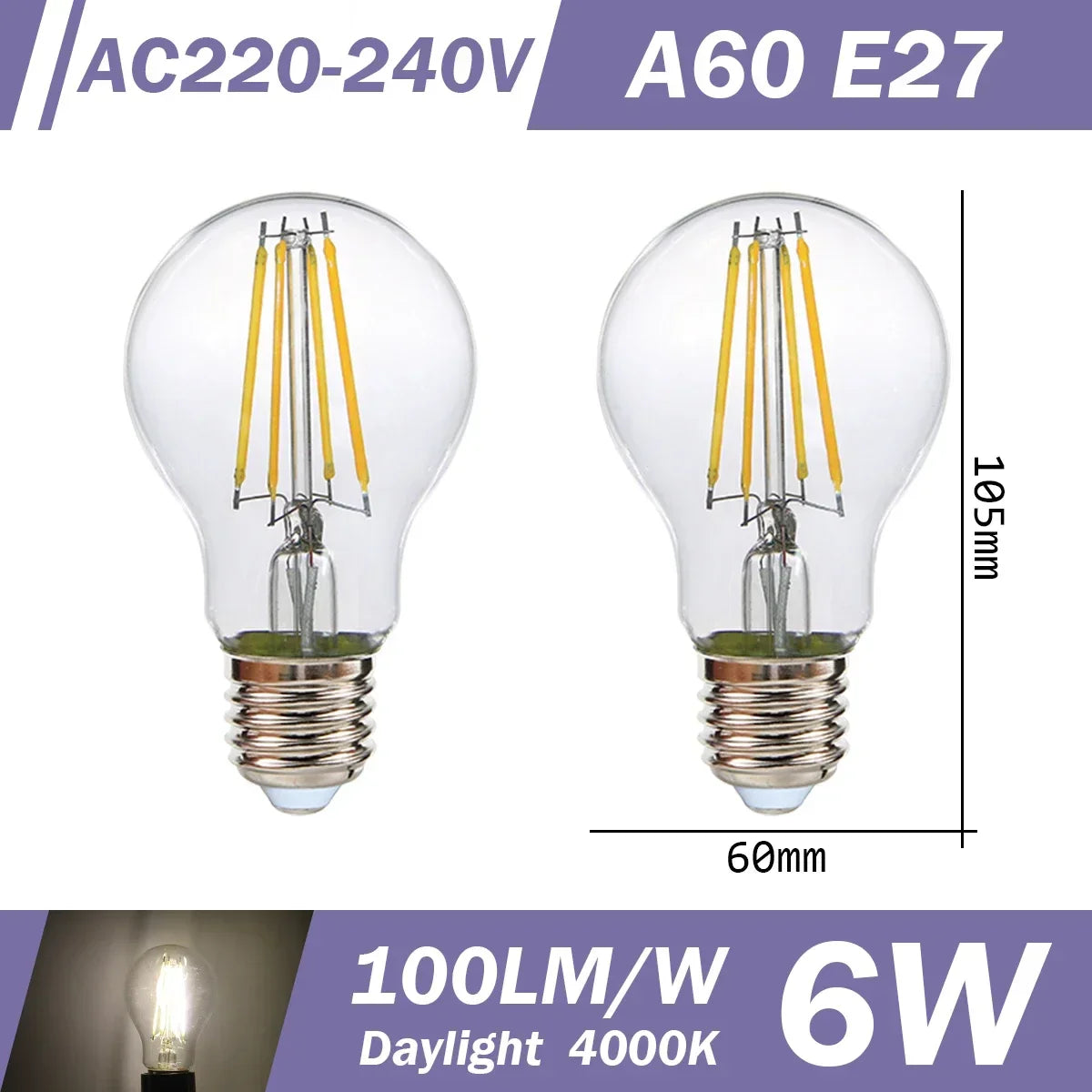 2PCS LED Filament Bulb E14 E27 C35 C35T ST64 G80 A60 220V 4W 9W Warm White Glass 360 Degree Edison Retro Candle Light Blubs